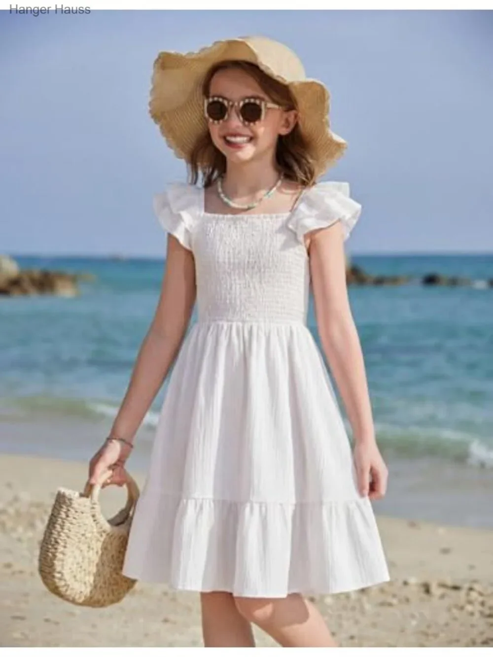 Girls Ruffle Sleeve Off Shoulder Sundress Pockets Summer Casual